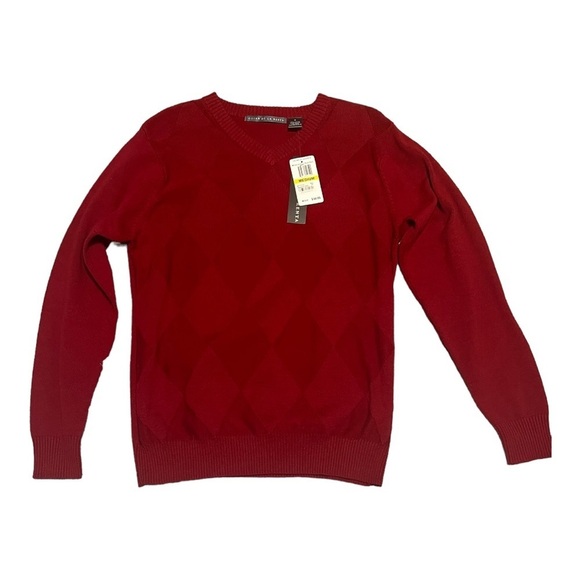 Oscar De La Renta Men’s True Red Diamond Argyle V-Neck Sweater, Medium, Cotton - Picture 3 of 8